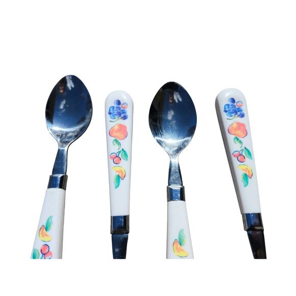 4 Corelle by Coring Fruit Basket Stainless Teaspoons Flatware Plastic MCM 7.75" - Picture 5 of 8